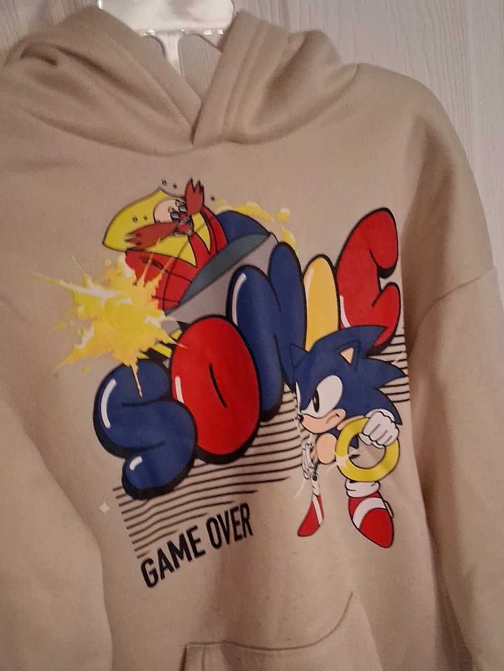 Beige Sonic 'Game Over' Hoodie with Red & Blue Graphic